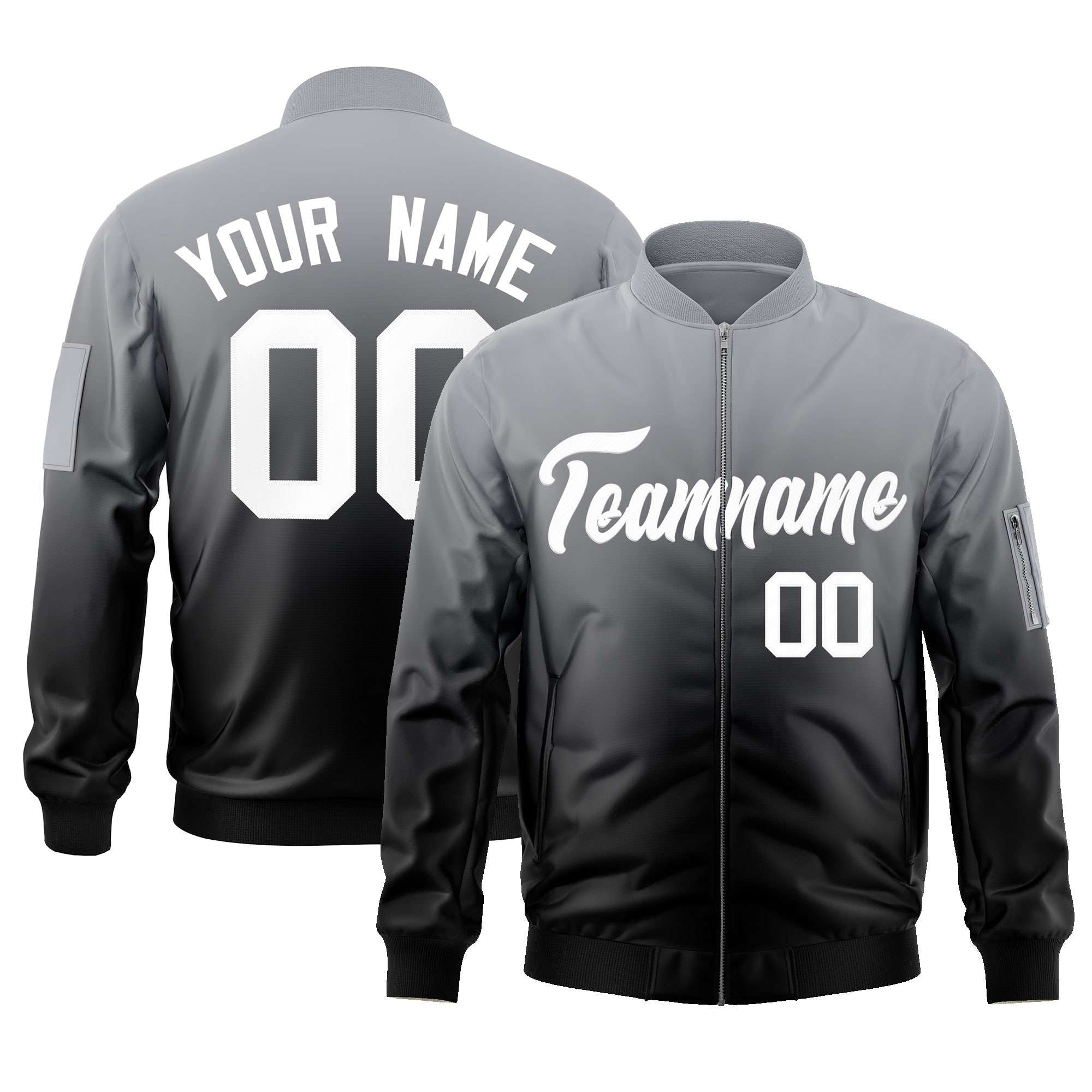 Custom Gray Black-White Varsity Full-Zip Gradient Fashion Letterman Bomber Jacket