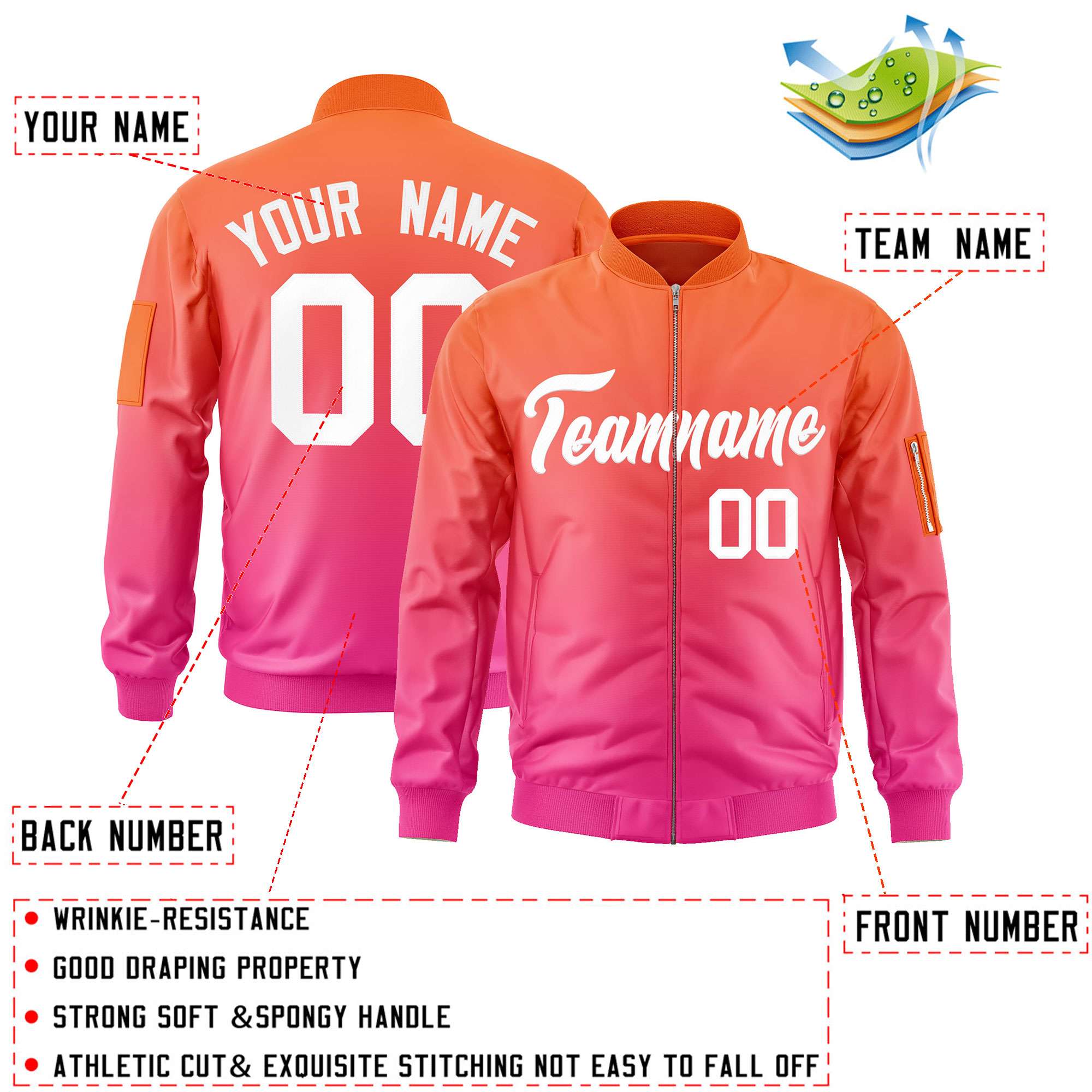 Custom Orange Pink-White Varsity Full-Zip Gradient Fashion Letterman Bomber Jacket