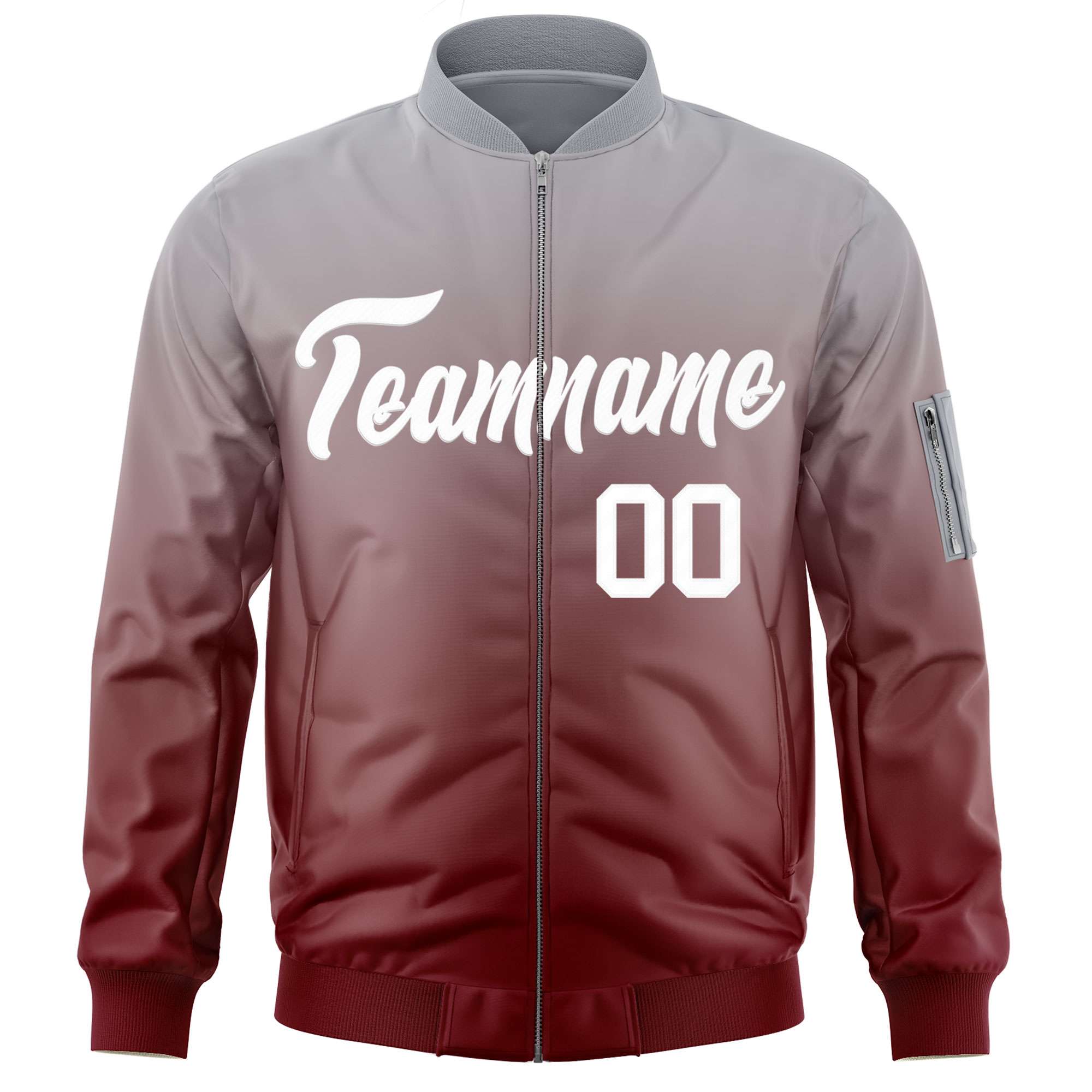 Custom Gray Crimson-White Varsity Full-Zip Gradient Fashion Letterman Bomber Jacket