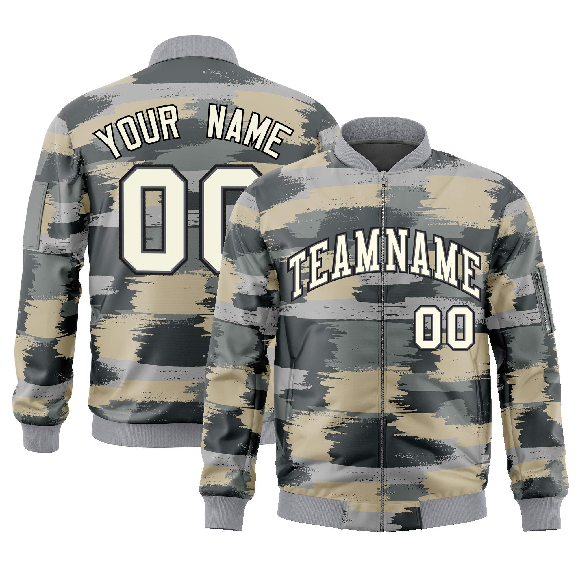 Custom Khaki Black Varsity Full-Zip Camo Letterman Bomber Jacket