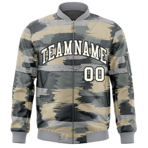 Custom Khaki Black Varsity Full-Zip Camo Letterman Bomber Jacket