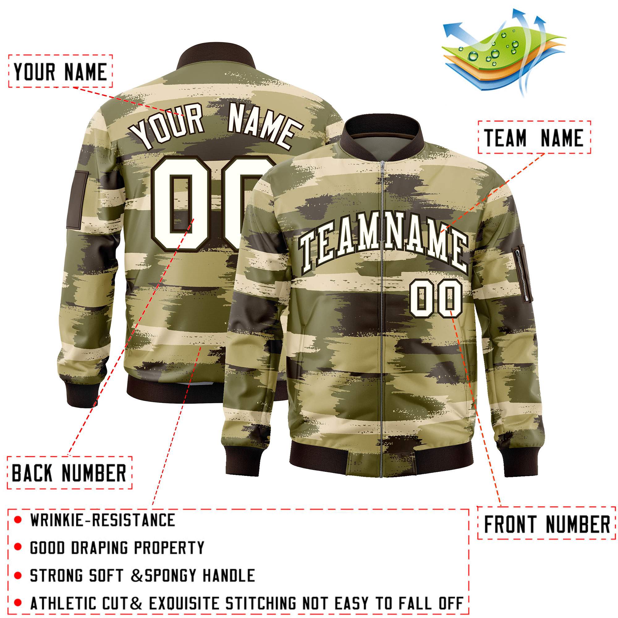 Custom Cream Black Varsity Full-Zip Camo Letterman Bomber Jacket