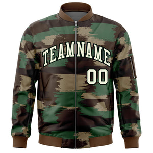 Custom Khaki Black Varsity Full-Zip Camo Letterman Bomber Jacket