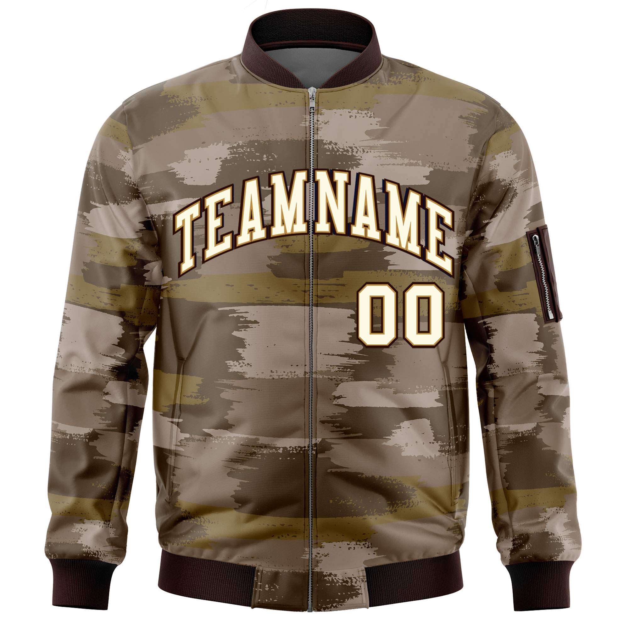 Custom Khaki Black Varsity Full-Zip Camo Letterman Bomber Jacket