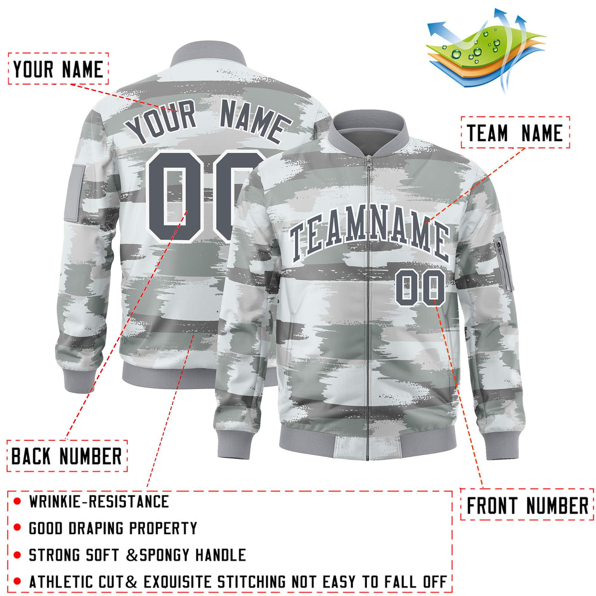 Custom Gray White Varsity Full-Zip Camo Letterman Bomber Jacket