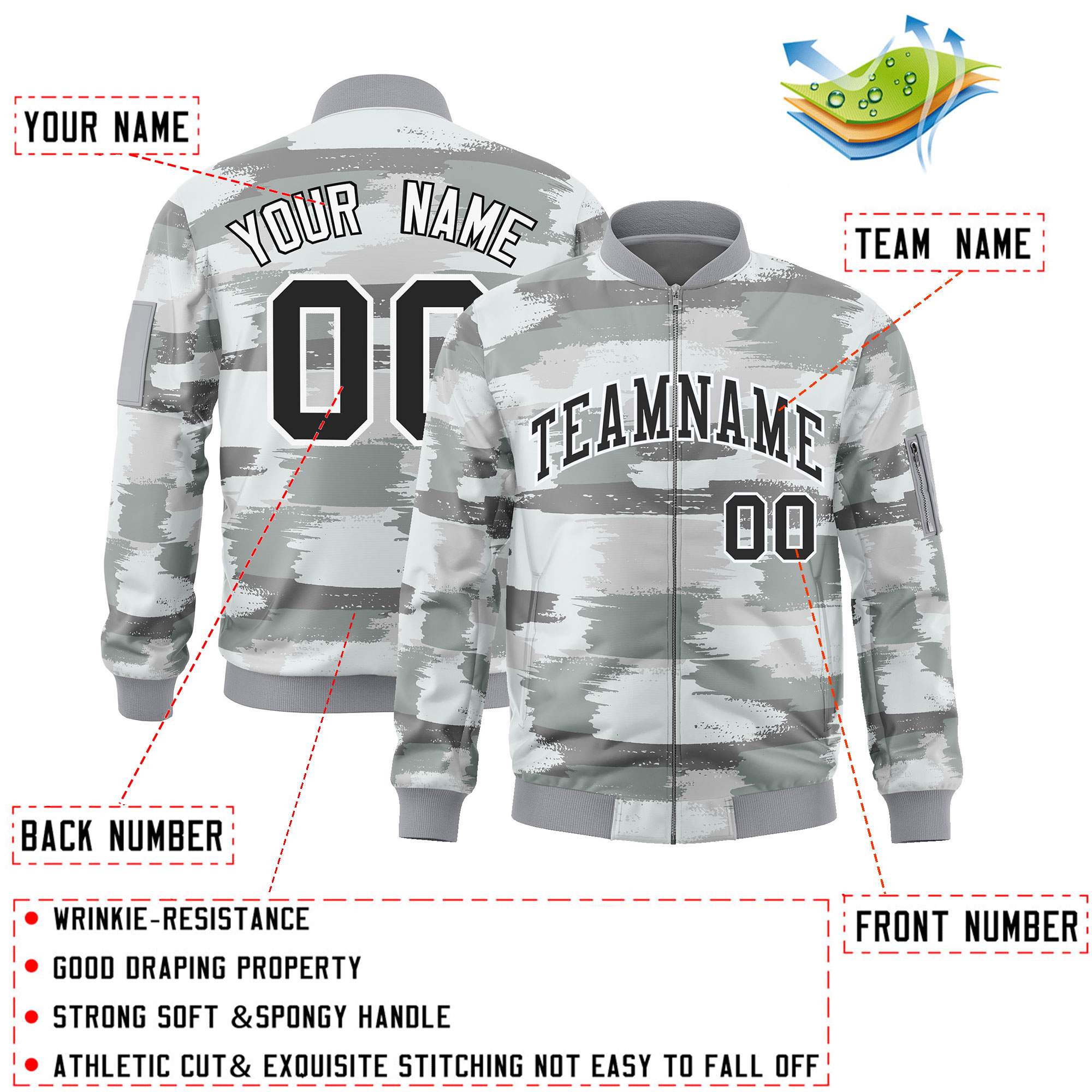 Custom Black White Varsity Full-Zip Camo Letterman Bomber Jacket