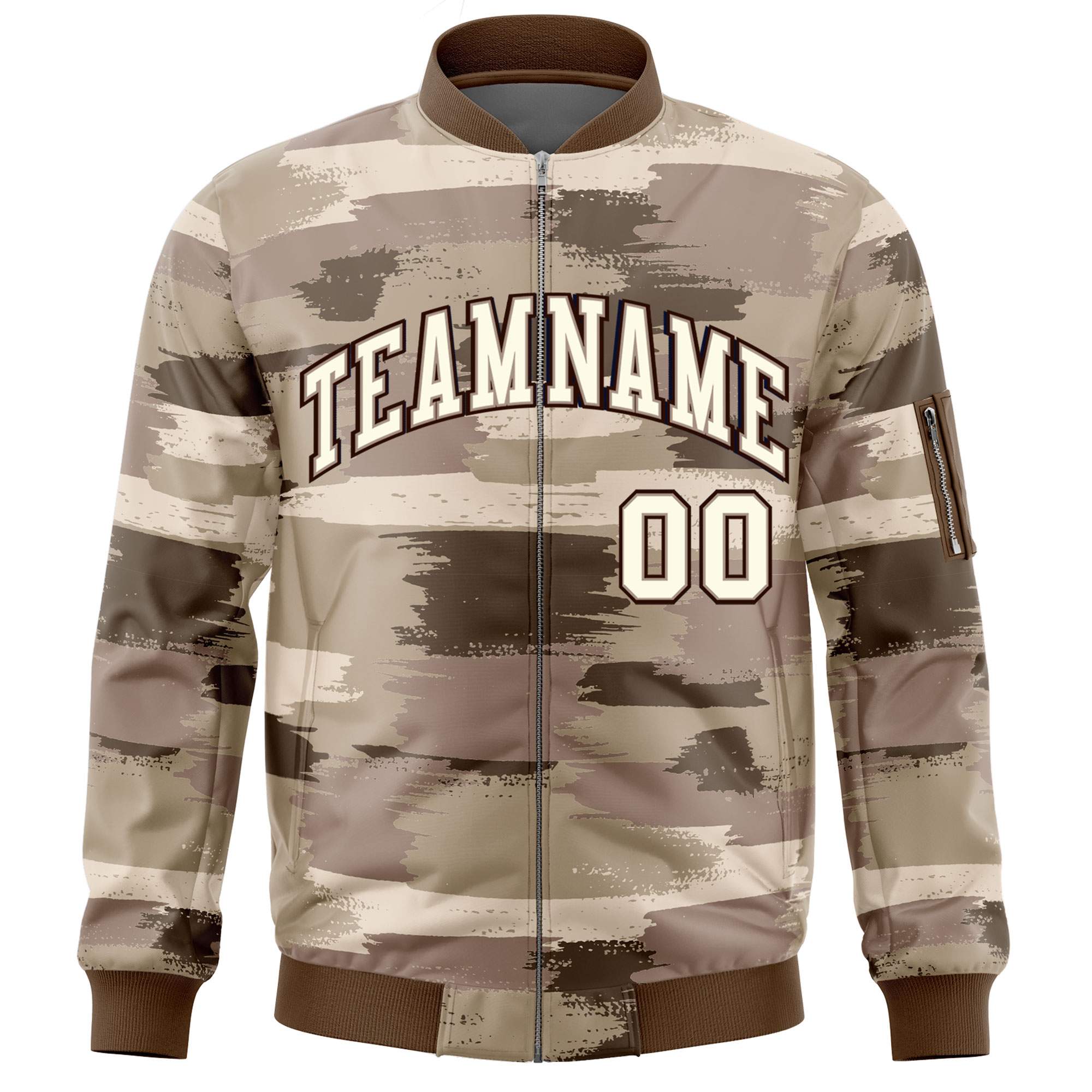 Custom Khaki Black Varsity Full-Zip Camo Letterman Bomber Jacket