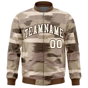 Custom Khaki Black Varsity Full-Zip Camo Letterman Bomber Jacket