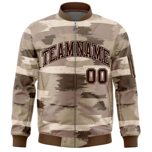 Custom Brown Black Varsity Full-Zip Camo Letterman Bomber Jacket