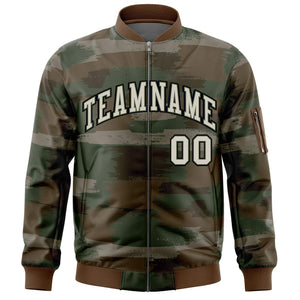 Custom Khaki Black Varsity Full-Zip Camo Letterman Bomber Jacket