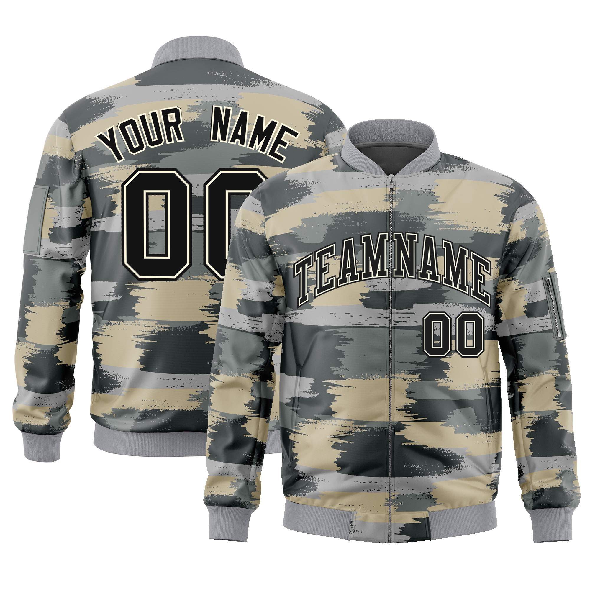 Custom Black Khaki Varsity Full-Zip Camo Letterman Bomber Jacket