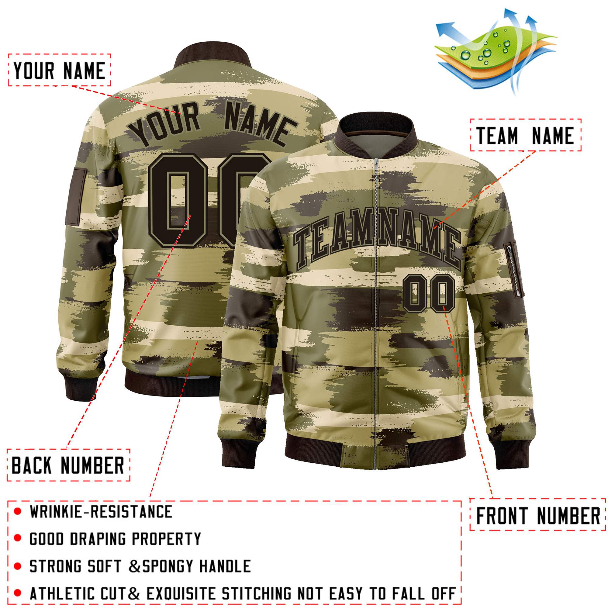 Custom Black Khaki Varsity Full-Zip Camo Letterman Bomber Jacket