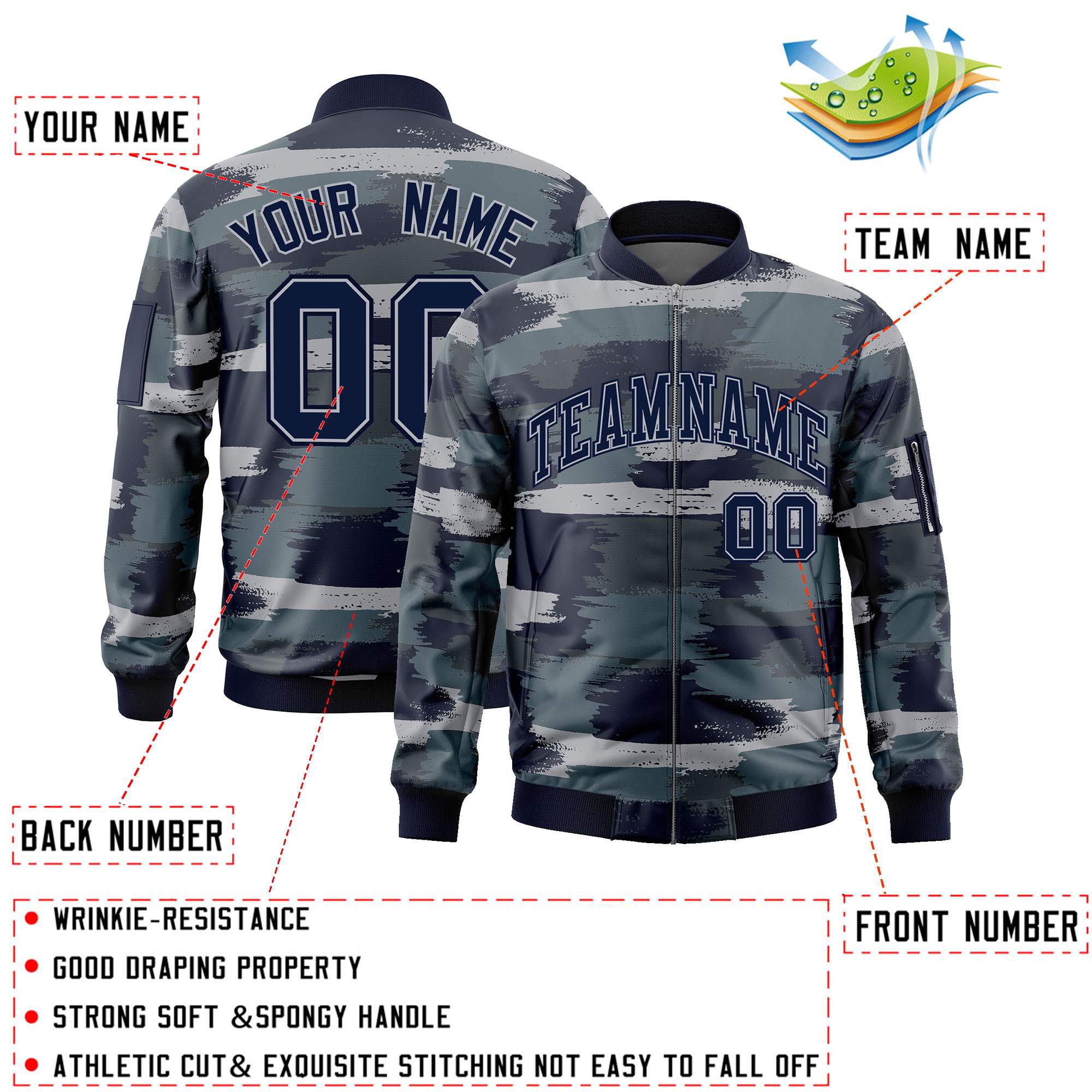 Custom Navy Gray Varsity Full-Zip Camo Letterman Bomber Jacket