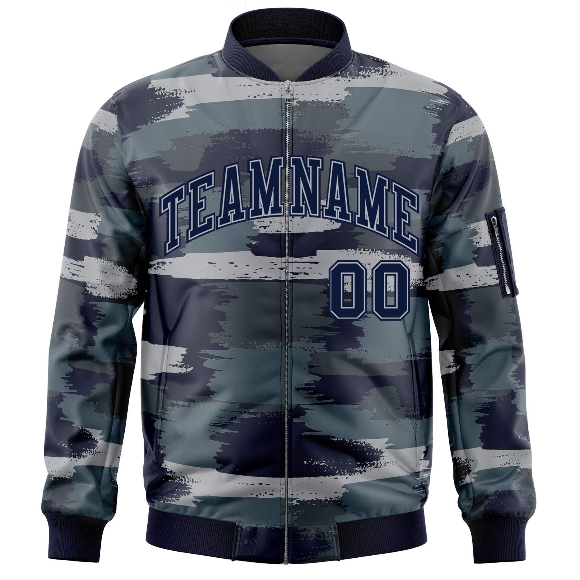 Custom Navy Gray Varsity Full-Zip Camo Letterman Bomber Jacket