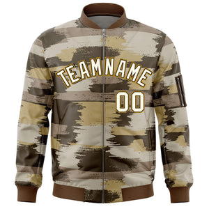 Custom Khaki Old Gold Varsity Full-Zip Camo Letterman Bomber Jacket