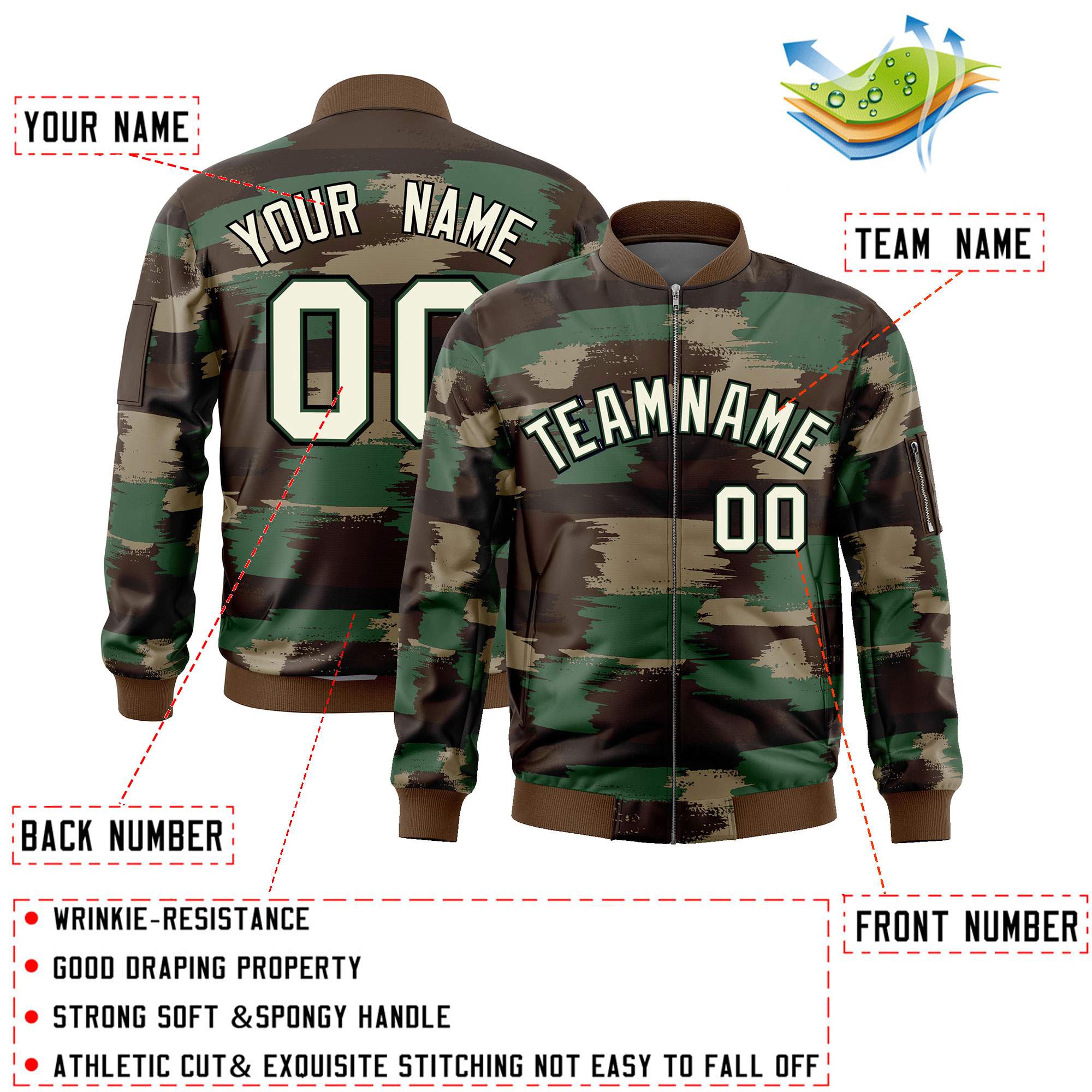 Custom Khaki Black Varsity Full-Zip Camo Letterman Bomber Jacket