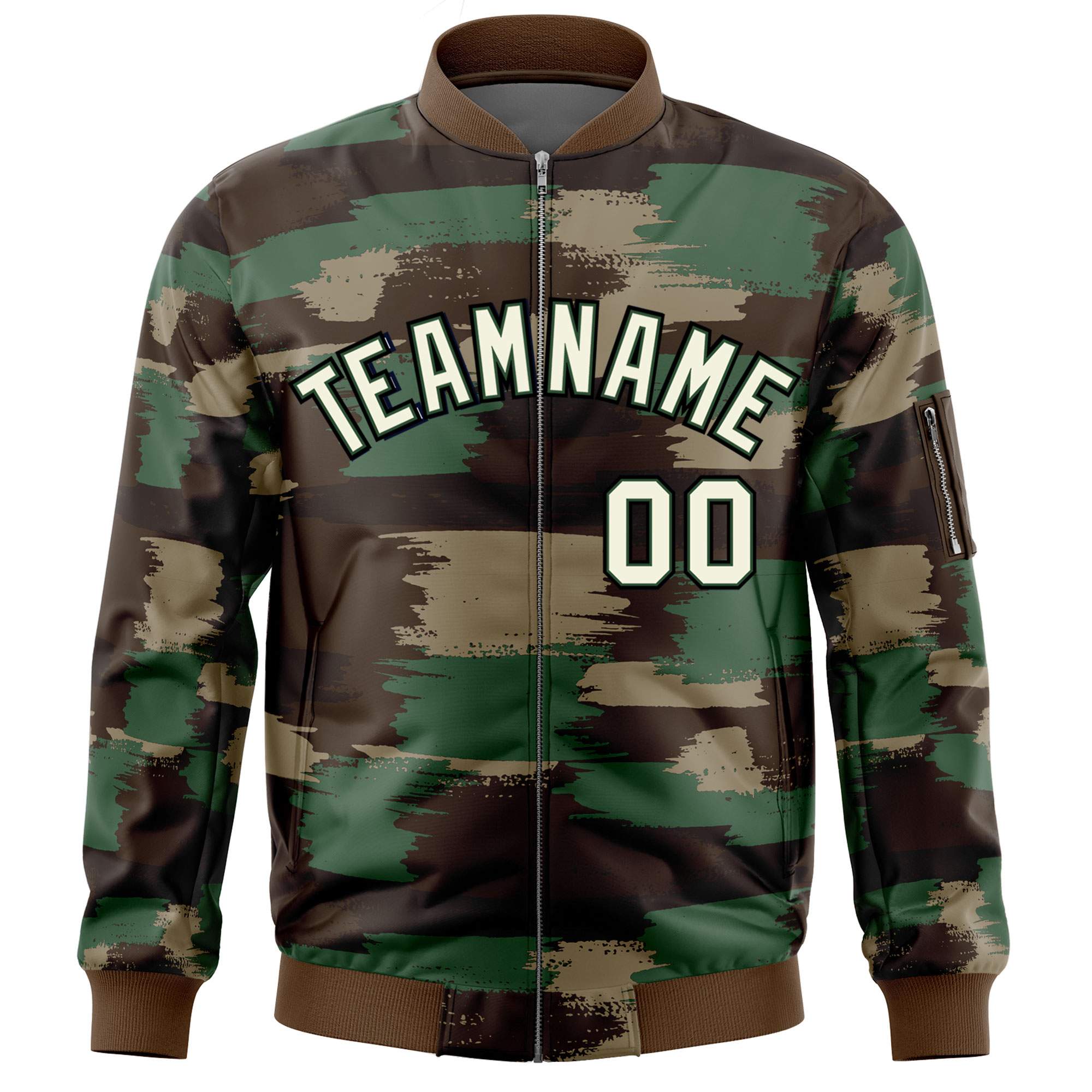 Custom Khaki Black Varsity Full-Zip Camo Letterman Bomber Jacket