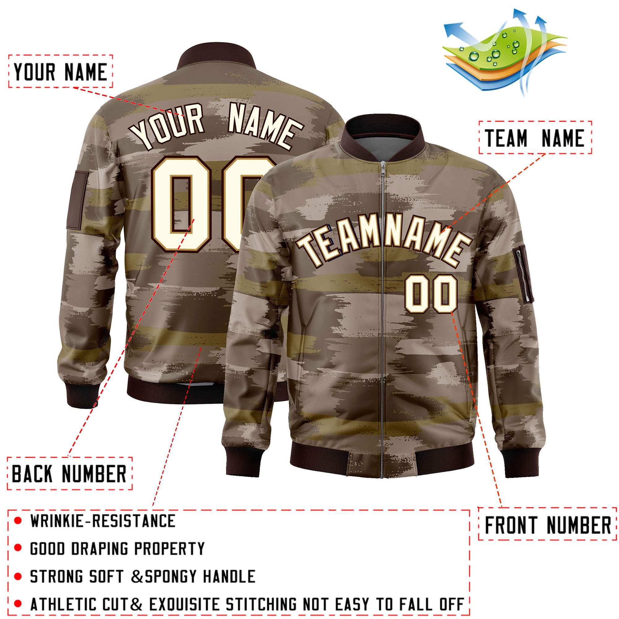 Custom Khaki Black Varsity Full-Zip Camo Letterman Bomber Jacket