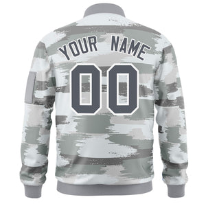 Custom Gray White Varsity Full-Zip Camo Letterman Bomber Jacket