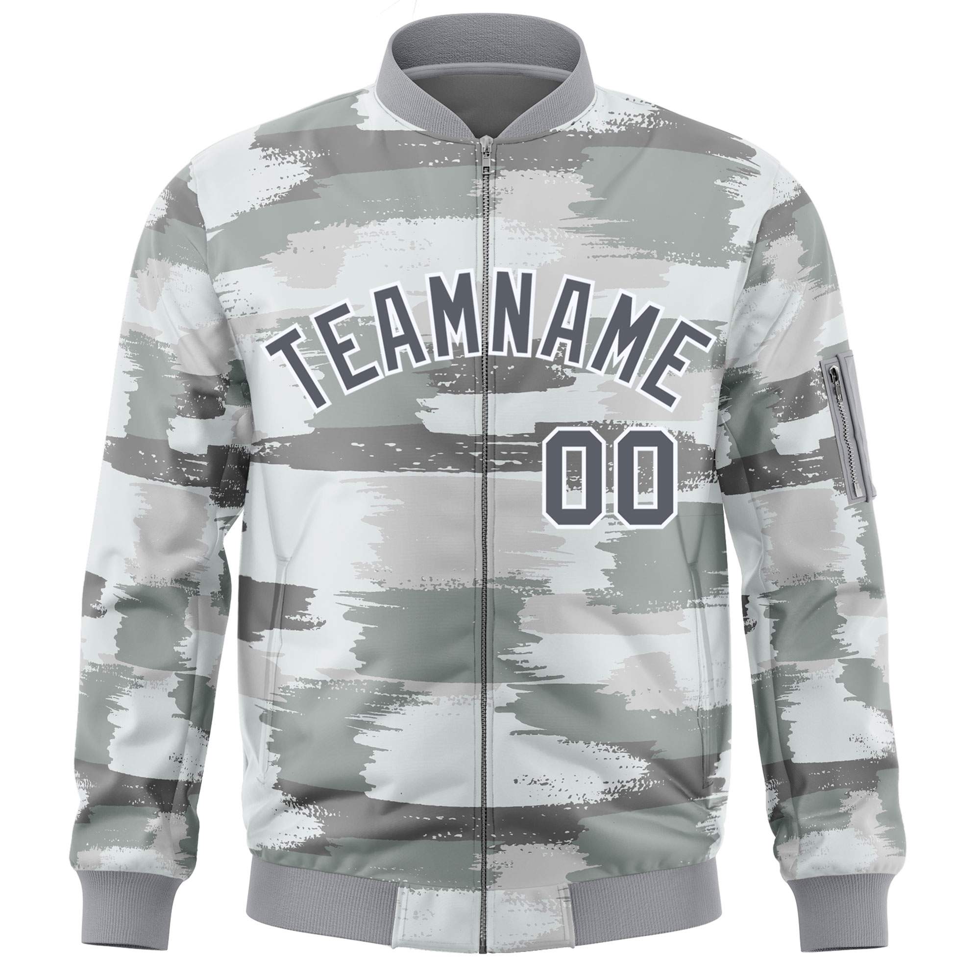 Custom Gray White Varsity Full-Zip Camo Letterman Bomber Jacket