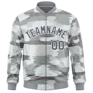 Custom Gray White Varsity Full-Zip Camo Letterman Bomber Jacket