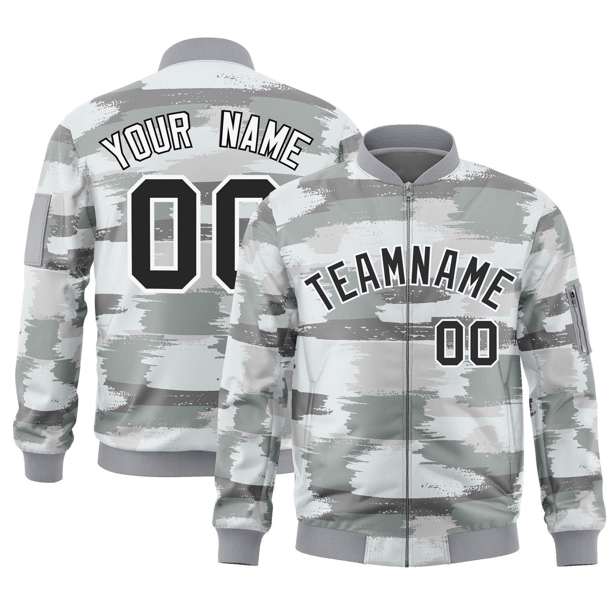 Custom Black White Varsity Full-Zip Camo Letterman Bomber Jacket