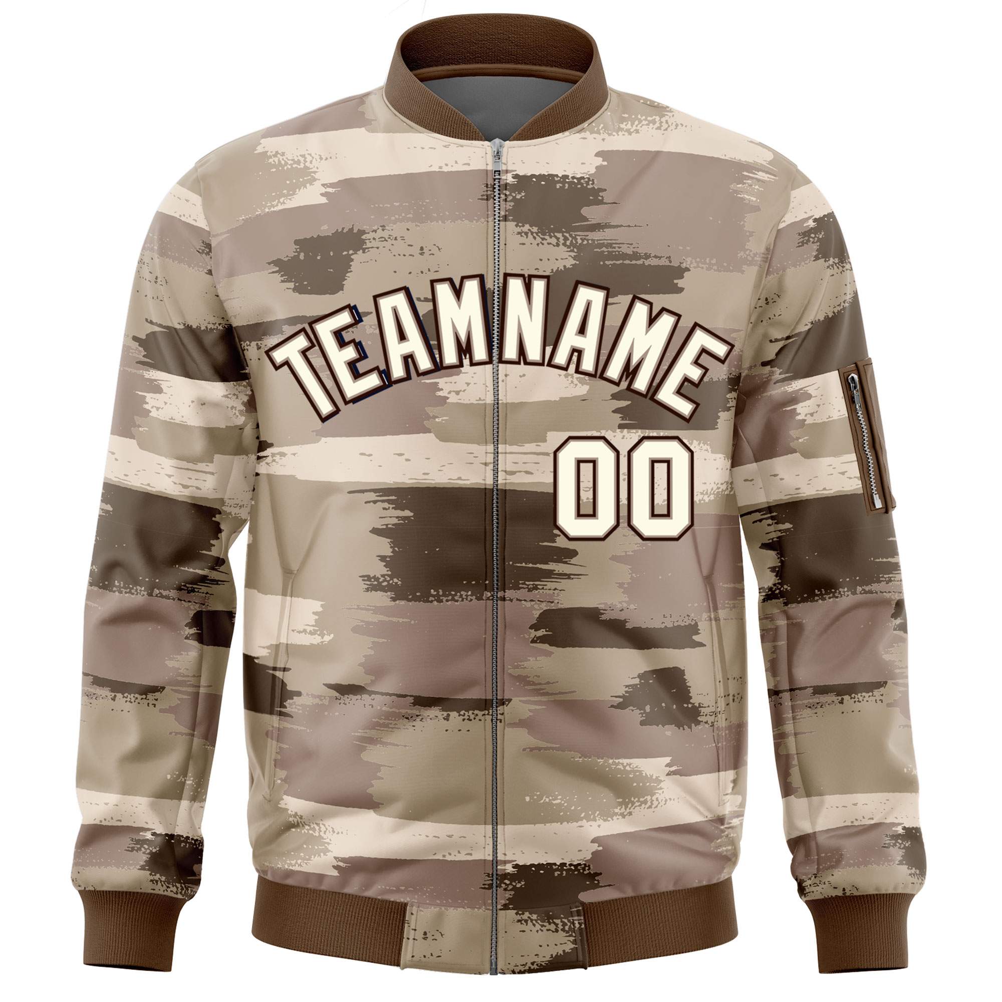 Custom Khaki Black Varsity Full-Zip Camo Letterman Bomber Jacket