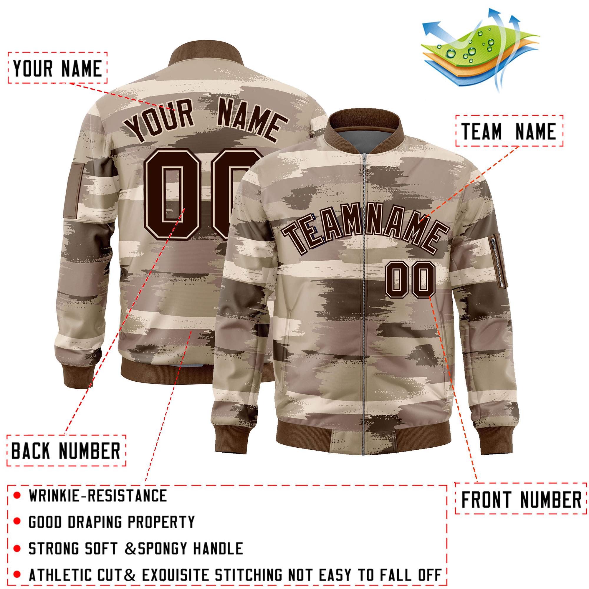 Custom Brown Black Varsity Full-Zip Camo Letterman Bomber Jacket