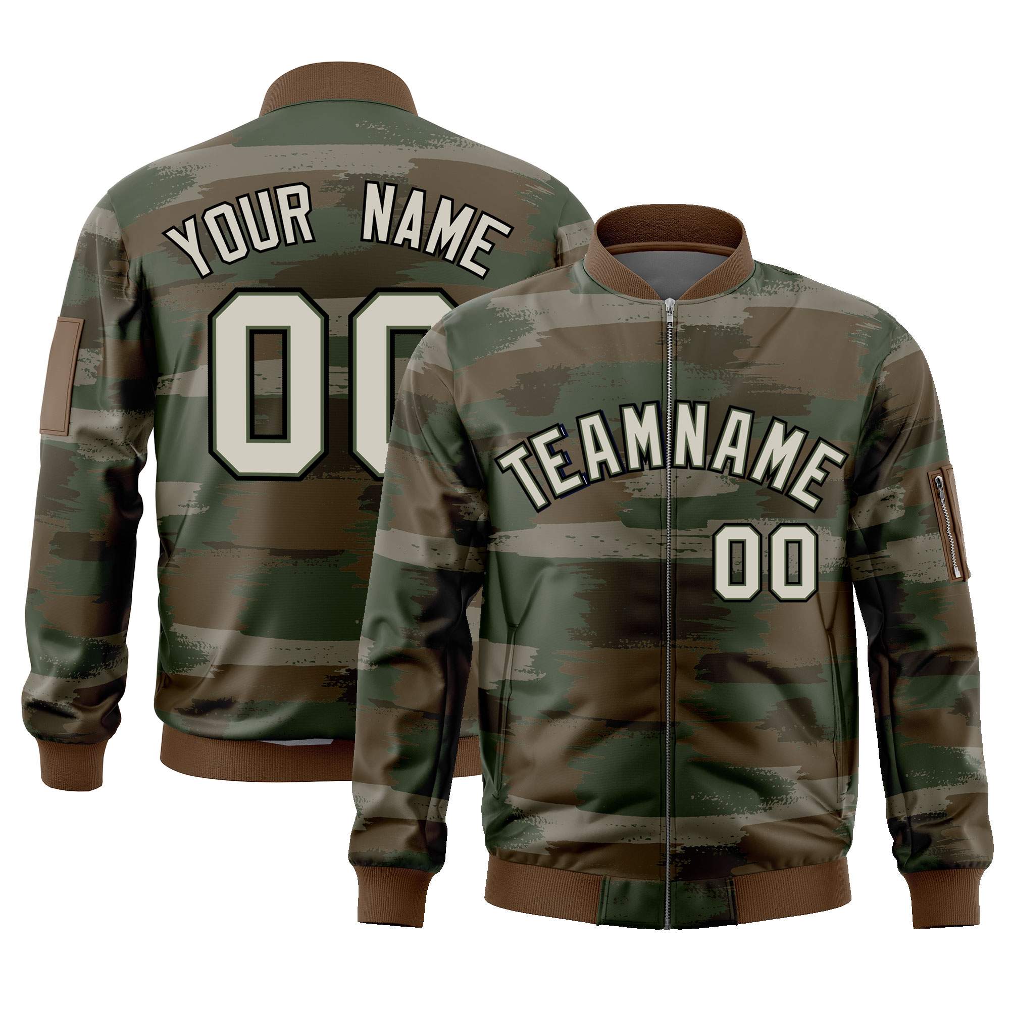 Custom Khaki Black Varsity Full-Zip Camo Letterman Bomber Jacket