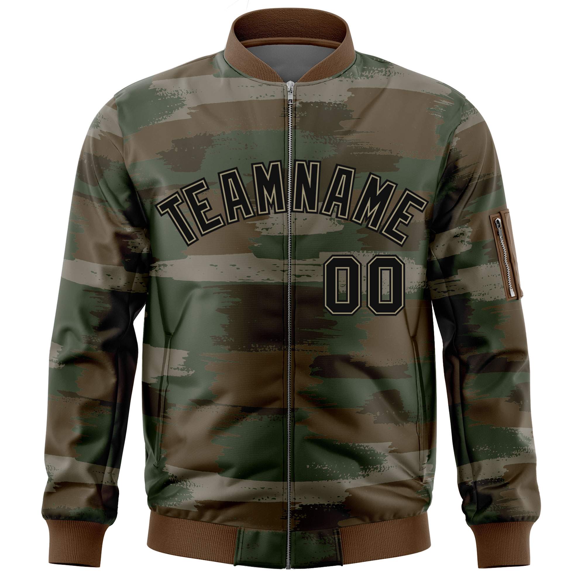 Custom Black Khaki Varsity Full-Zip Camo Letterman Bomber Jacket