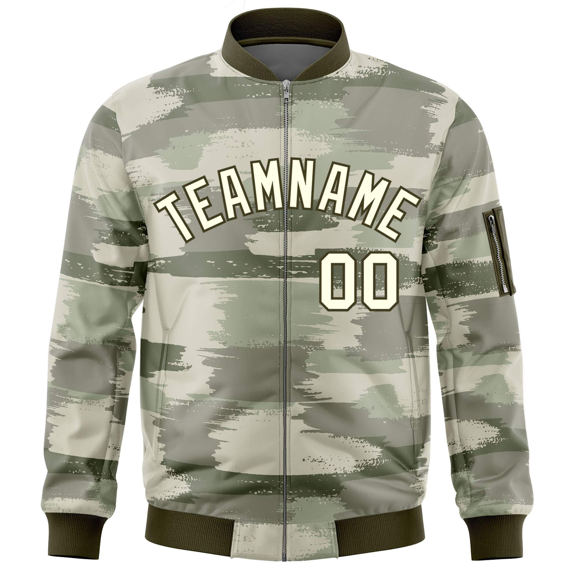 Custom Khaki Olive Varsity Full-Zip Camo Letterman Bomber Jacket