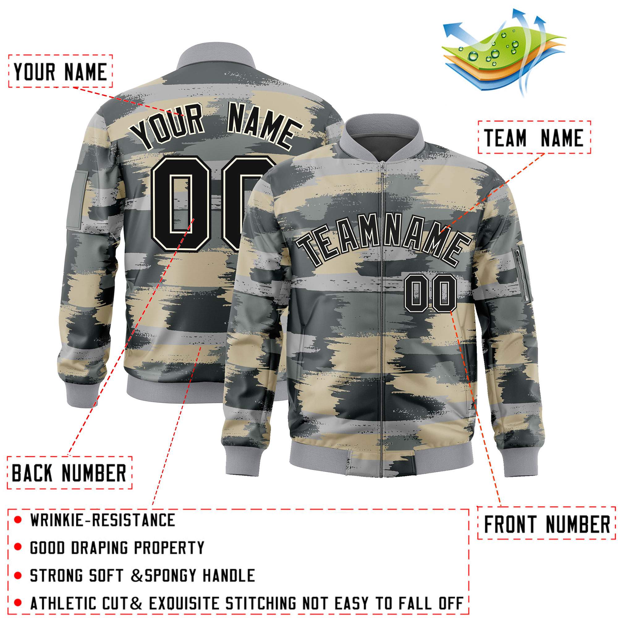 Custom Black Khaki Varsity Full-Zip Camo Letterman Bomber Jacket