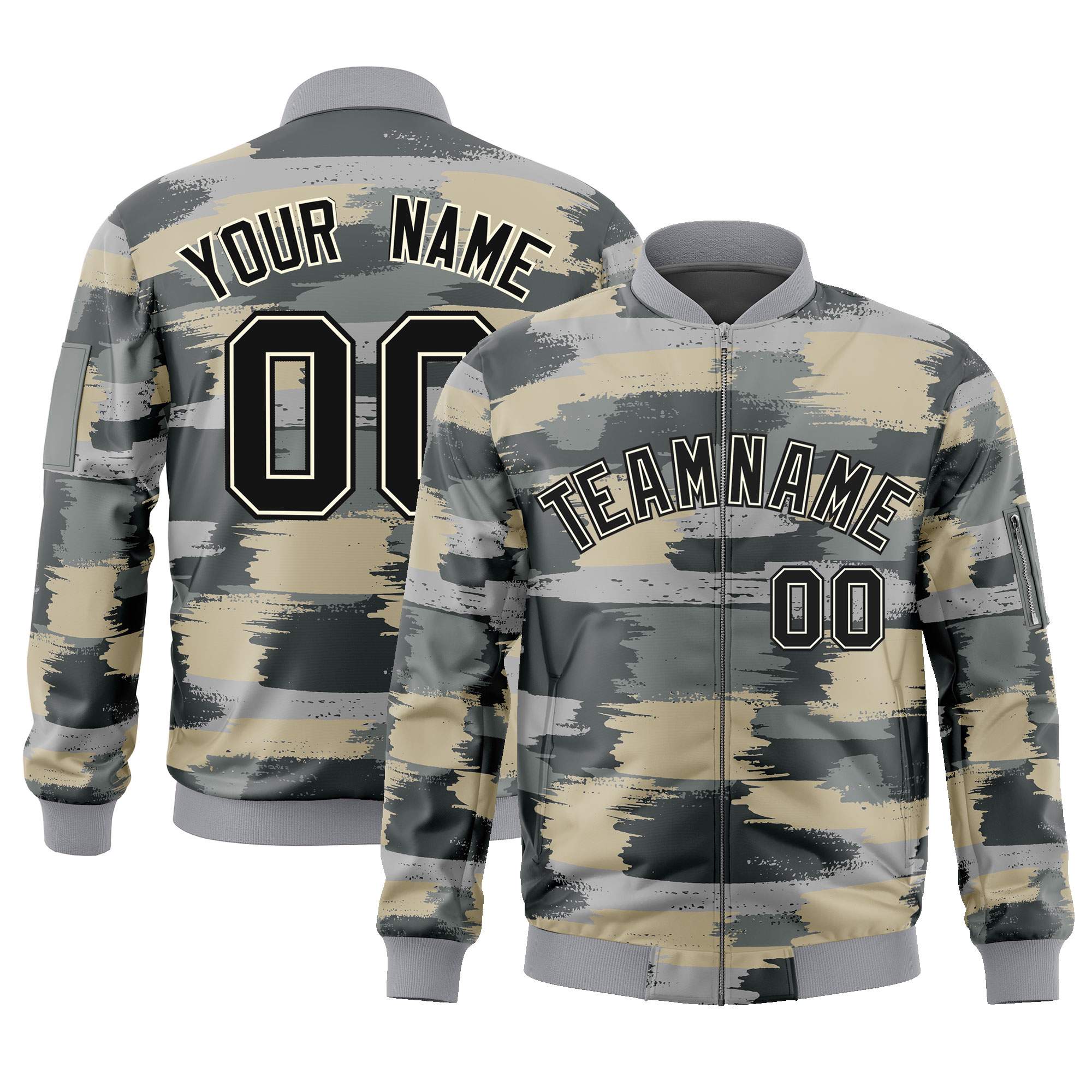 Custom Black Khaki Varsity Full-Zip Camo Letterman Bomber Jacket