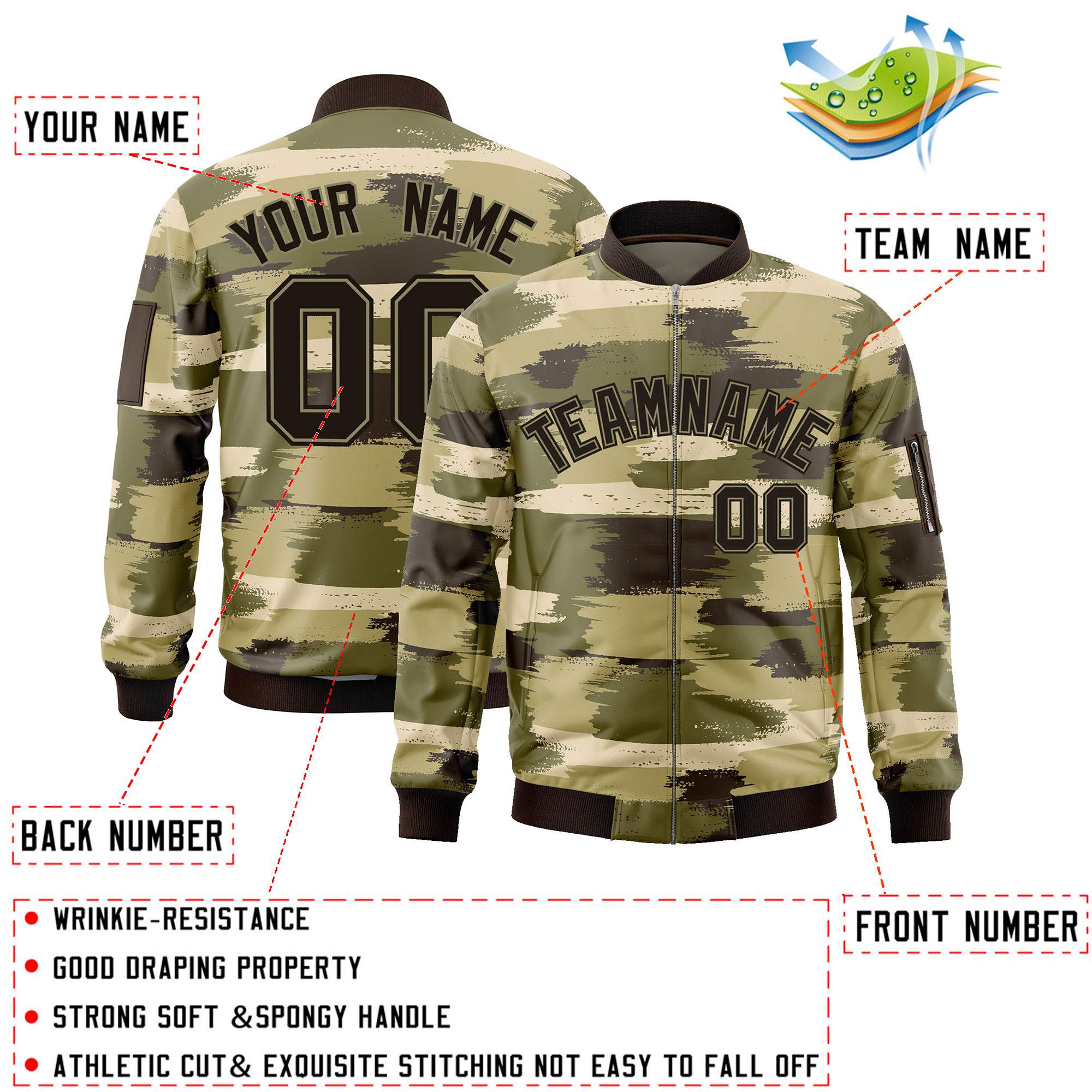 Custom Black Khaki Varsity Full-Zip Camo Letterman Bomber Jacket