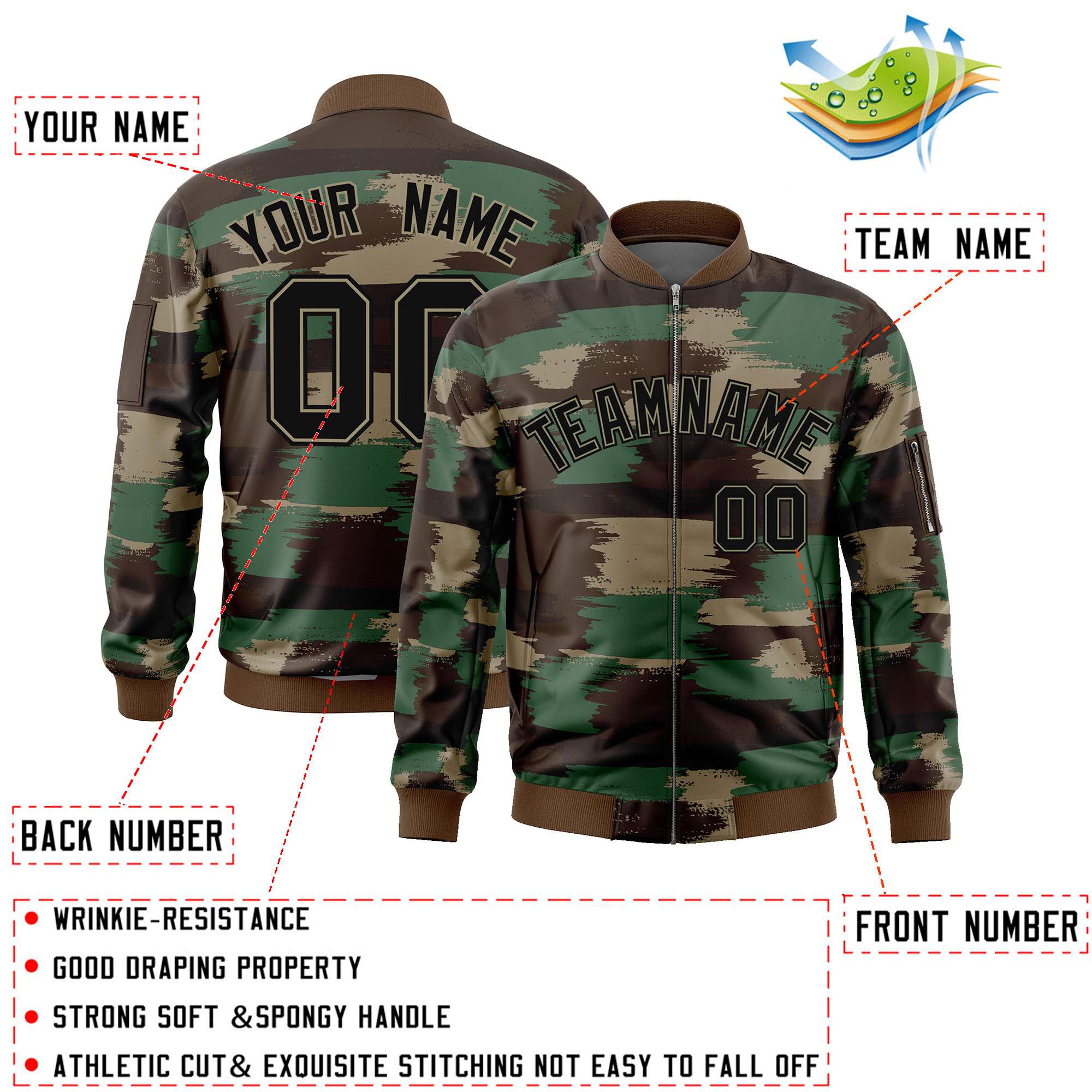 Custom Black Khaki Varsity Full-Zip Camo Letterman Bomber Jacket