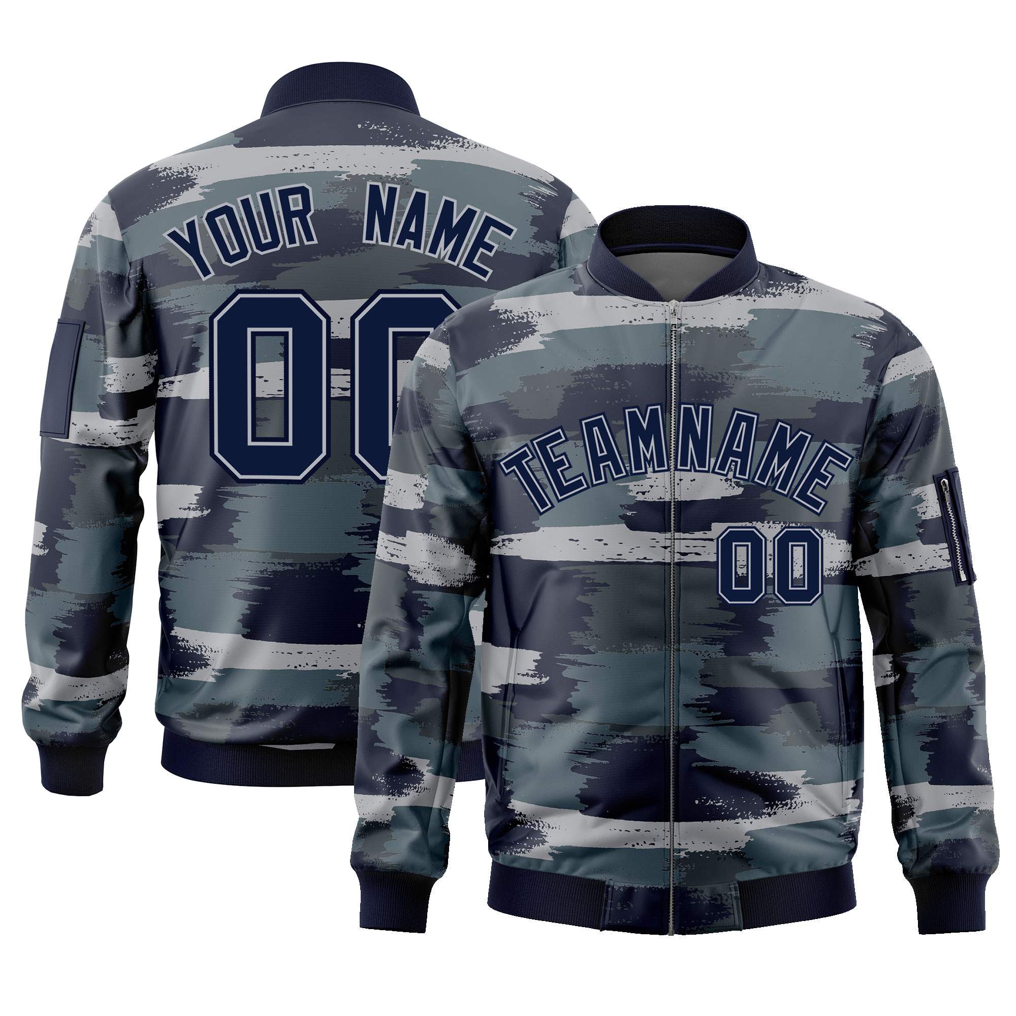 Custom Navy Gray Varsity Full-Zip Camo Letterman Bomber Jacket