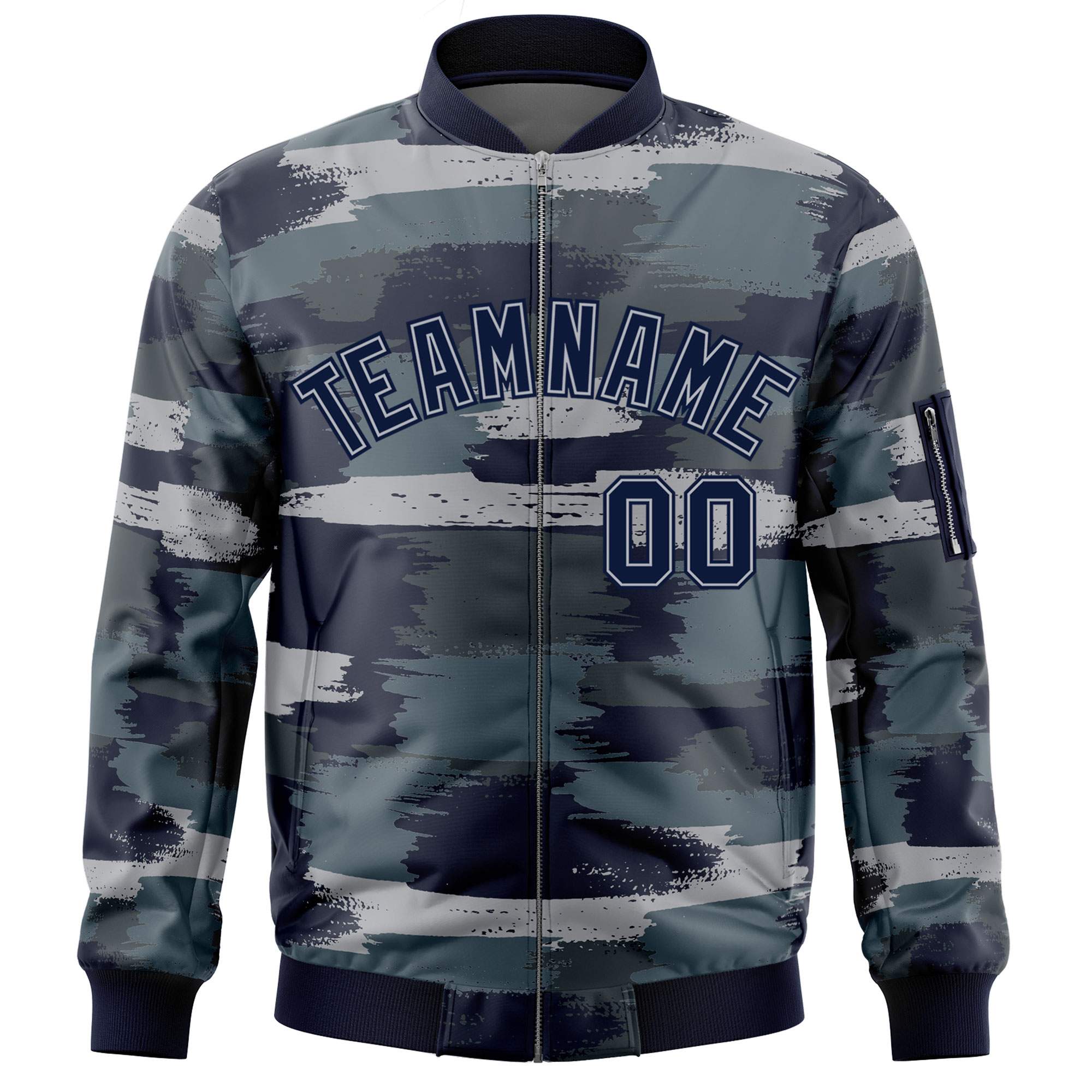 Custom Navy Gray Varsity Full-Zip Camo Letterman Bomber Jacket