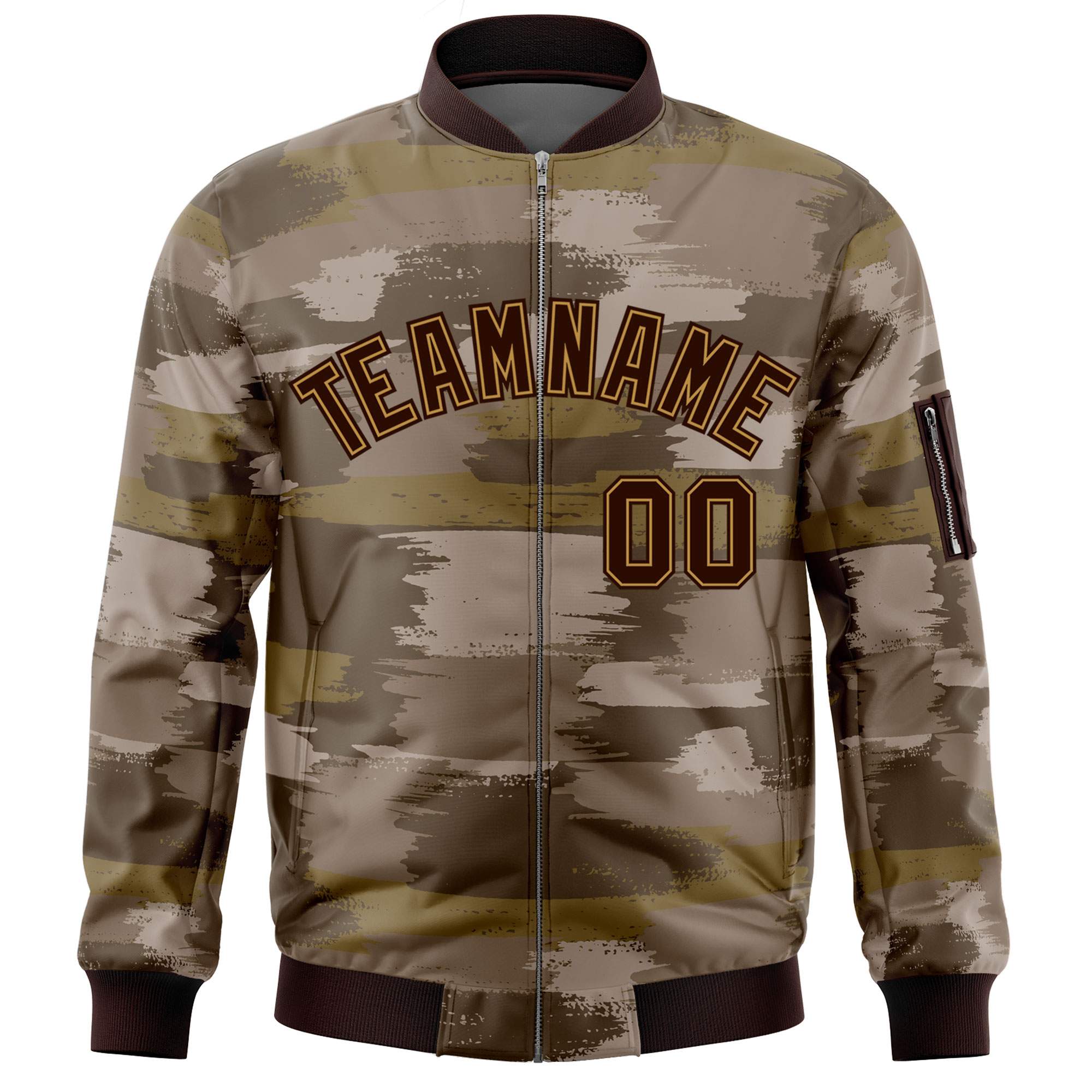 Custom Brown Old Gold Varsity Full-Zip Camo Letterman Bomber Jacket