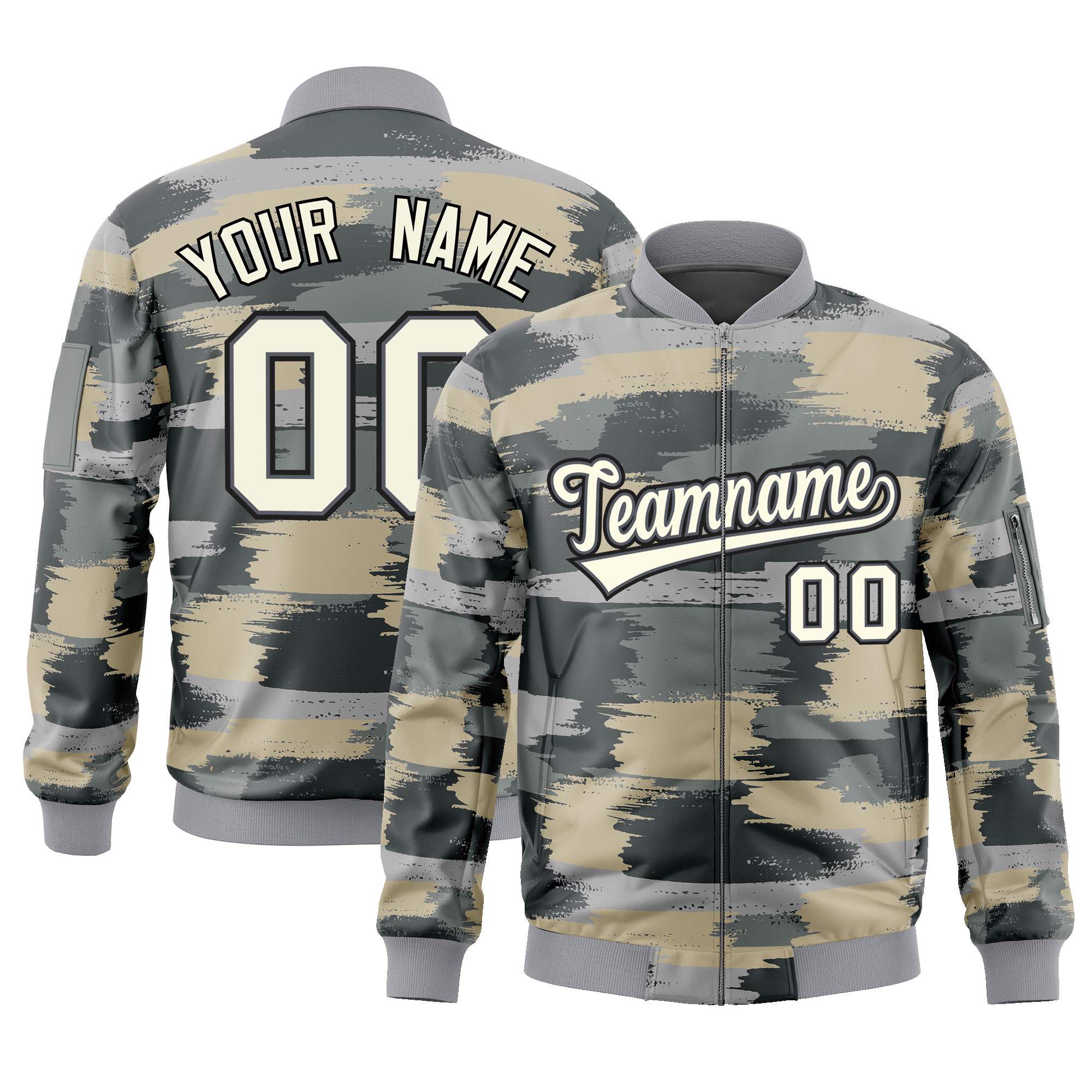 Custom Khaki Black Varsity Full-Zip Camo Letterman Bomber Jacket