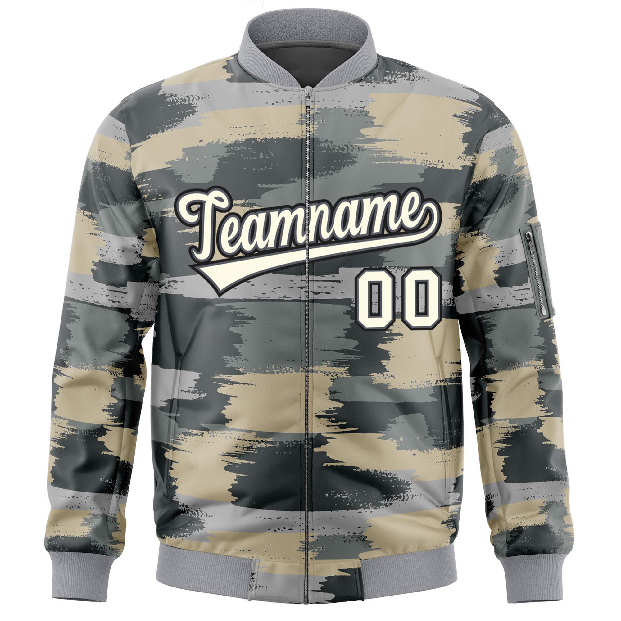 Custom Khaki Black Varsity Full-Zip Camo Letterman Bomber Jacket