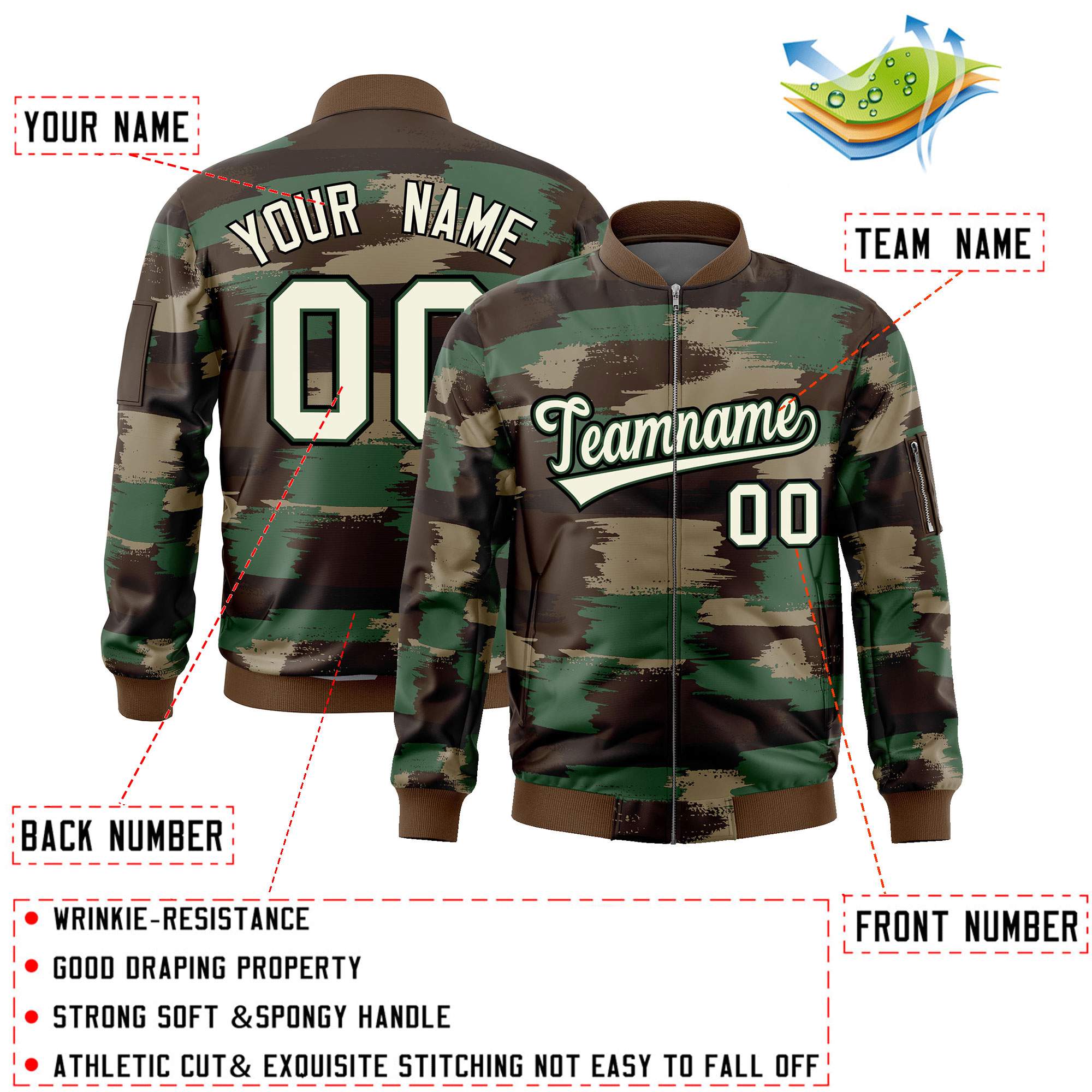 Custom Khaki Black Varsity Full-Zip Camo Letterman Bomber Jacket