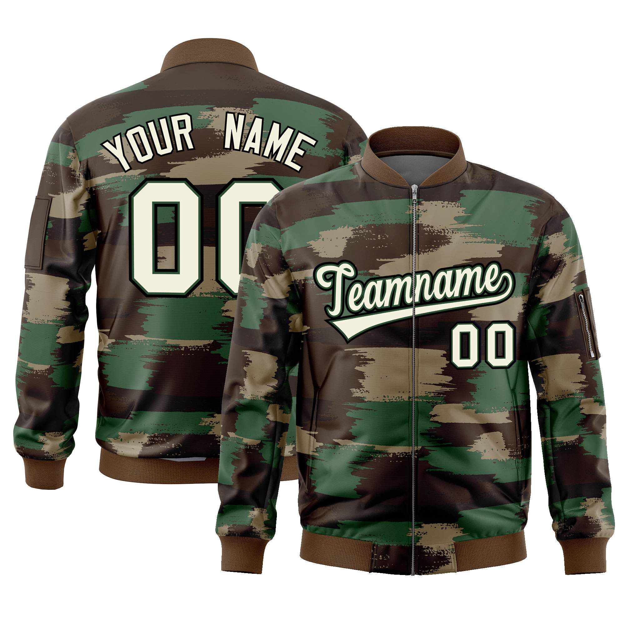 Custom Khaki Black Varsity Full-Zip Camo Letterman Bomber Jacket