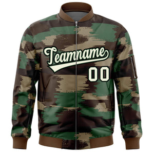 Custom Khaki Black Varsity Full-Zip Camo Letterman Bomber Jacket