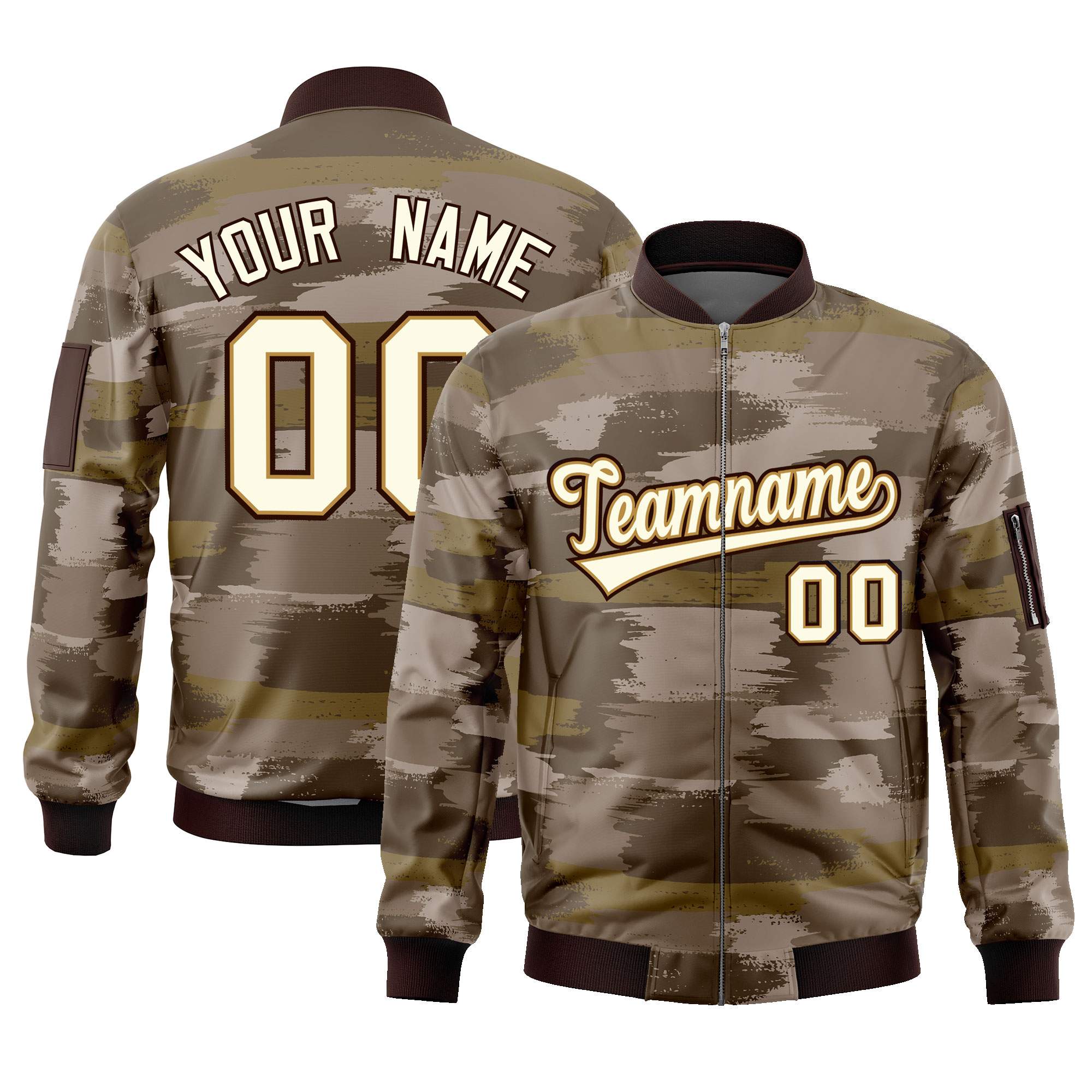 Custom Khaki Black Varsity Full-Zip Camo Letterman Bomber Jacket