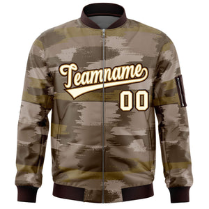 Custom Khaki Black Varsity Full-Zip Camo Letterman Bomber Jacket