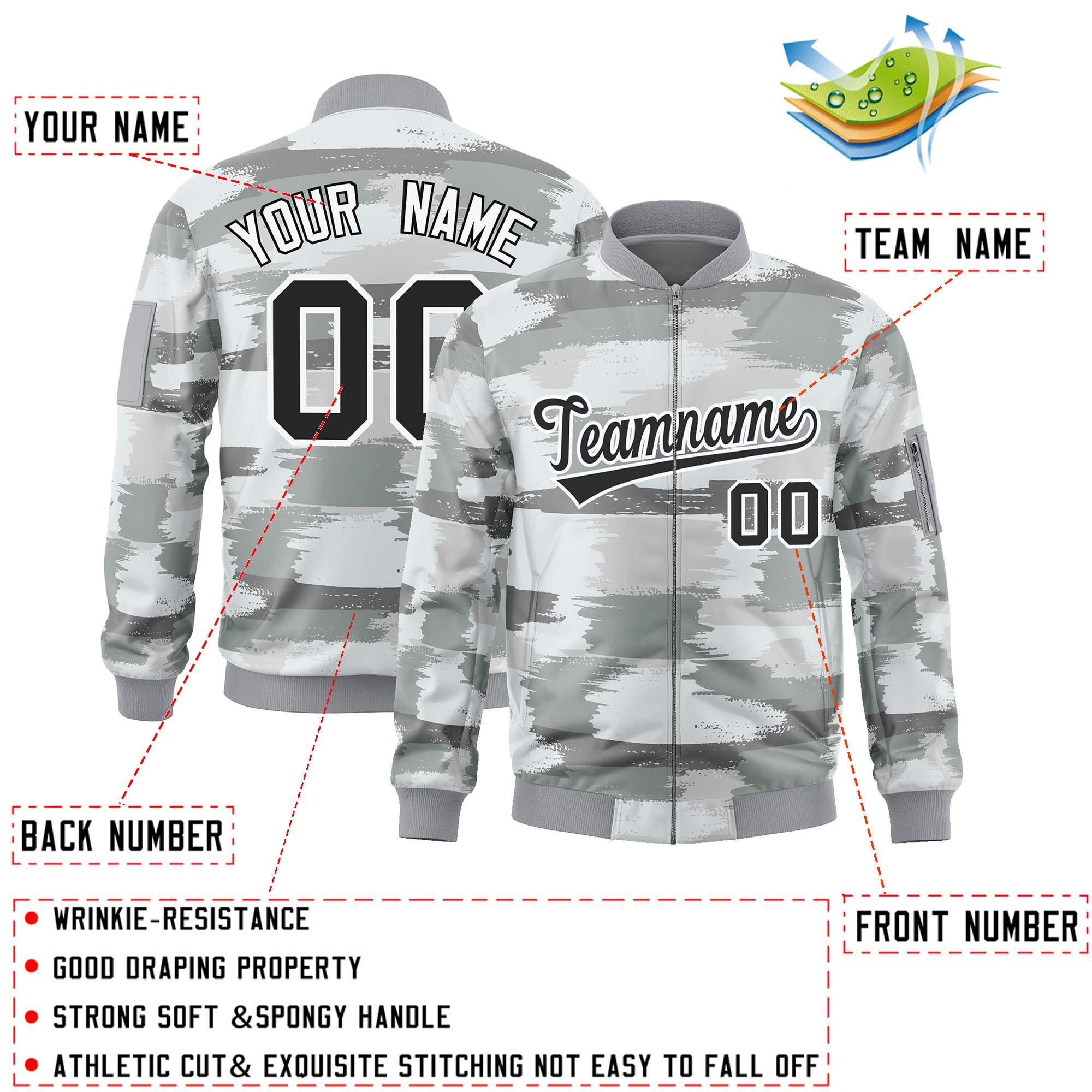 Custom Black White Varsity Full-Zip Camo Letterman Bomber Jacket