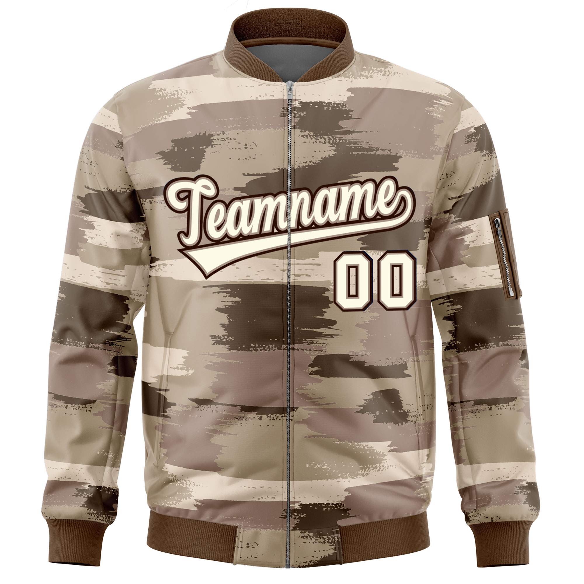 Custom Khaki Black Varsity Full-Zip Camo Letterman Bomber Jacket