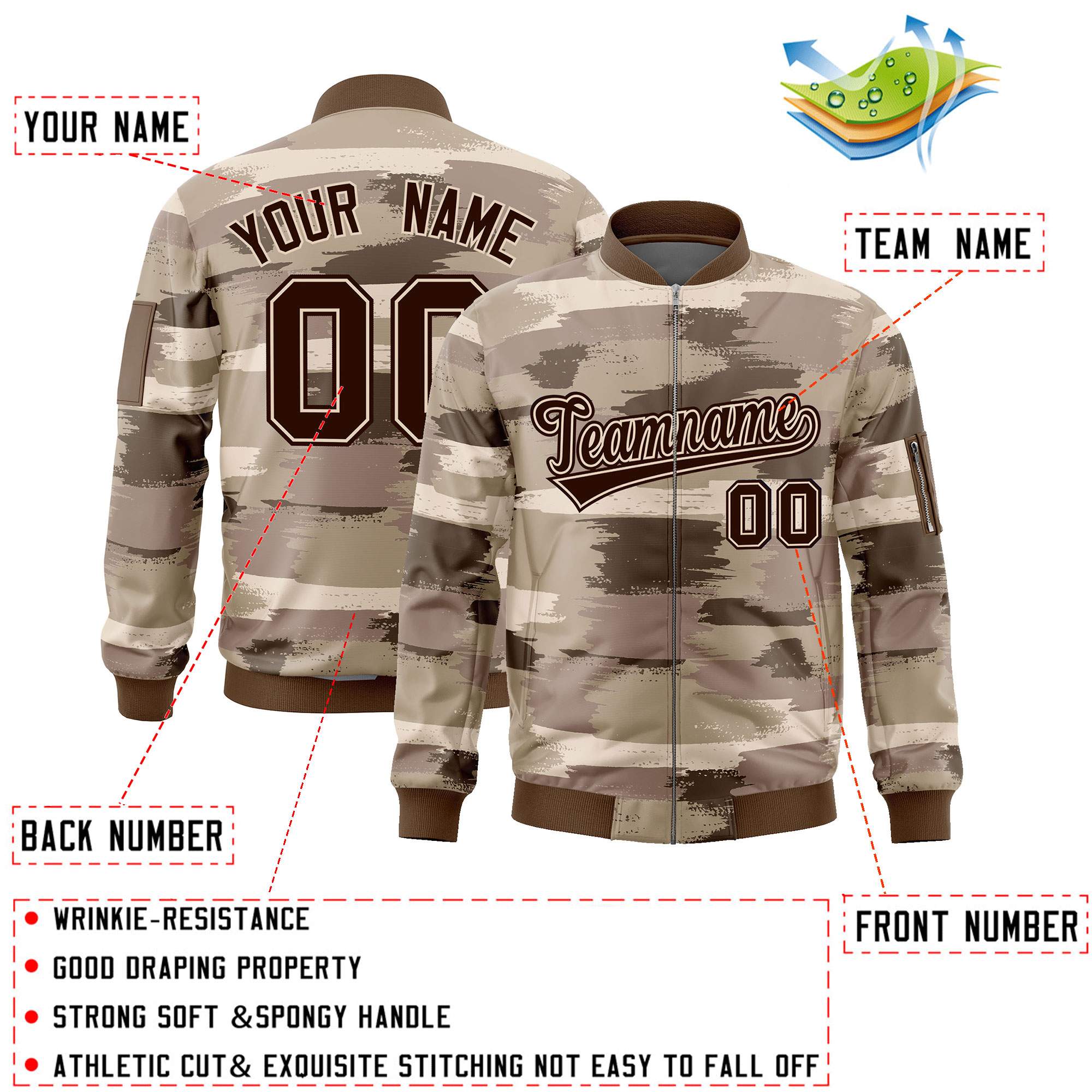 Custom Brown Black Varsity Full-Zip Camo Letterman Bomber Jacket