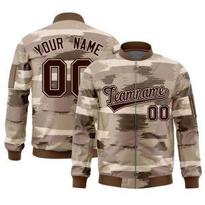 Custom Brown Black Varsity Full-Zip Camo Letterman Bomber Jacket