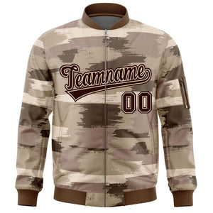 Custom Brown Black Varsity Full-Zip Camo Letterman Bomber Jacket